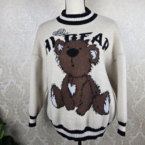 Teddy Bear Sweater "Hi Bear" Sz M/L Cream Black Brown Pullover Dropped Shoulder - Picture 1 of 13